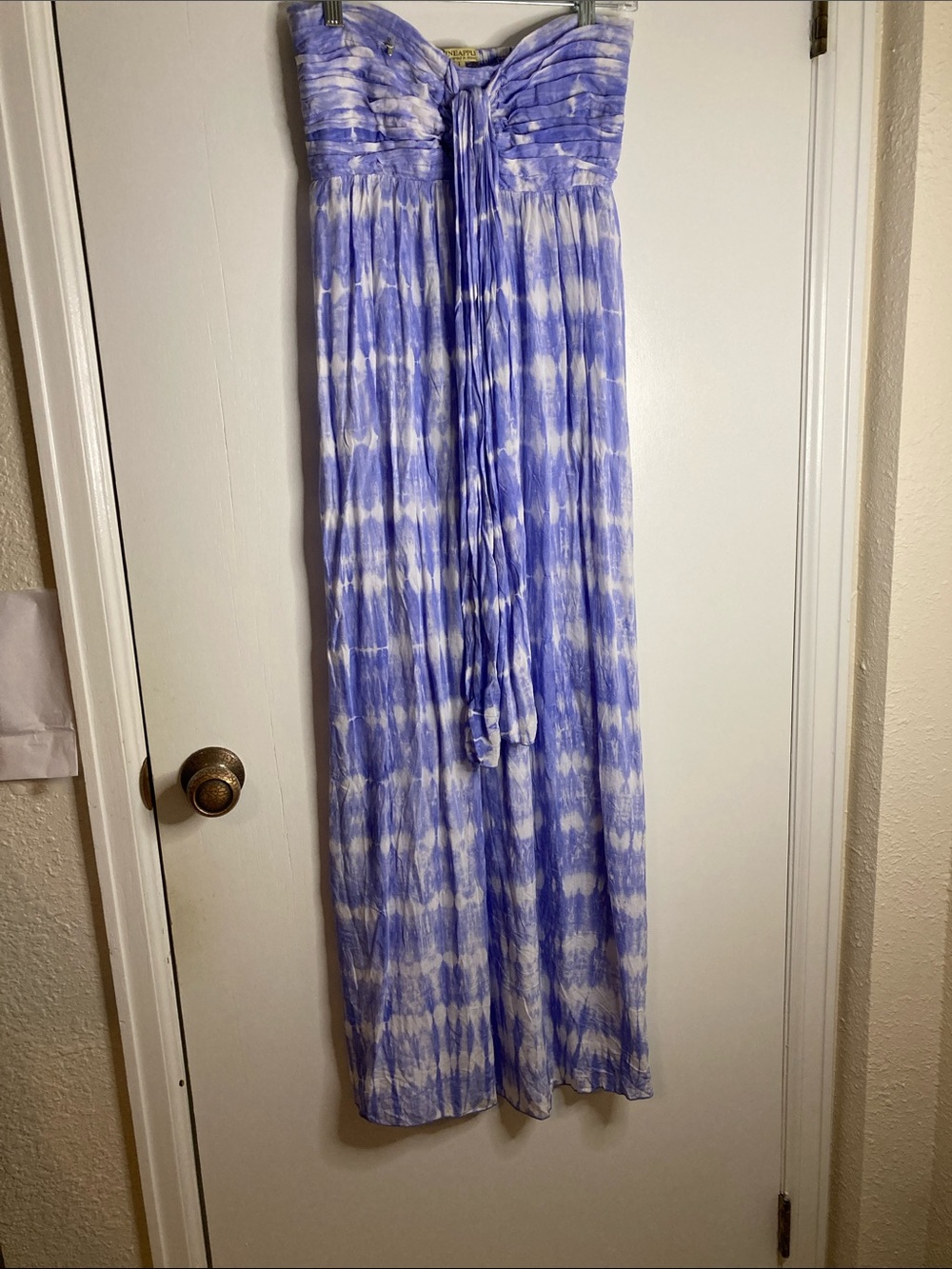 Strapless Tie-Front Maxi Dress in Lavender and White Tie-Dye
